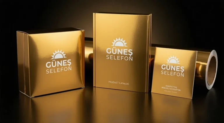 Gold metalize selefon kaplanmış Güneş Selefon logolu kutu, katalog ve davetiye