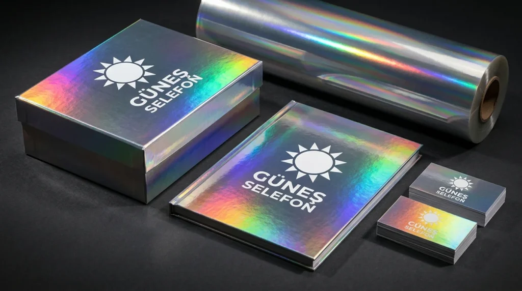 Hologram metalize selefon kaplanmış Güneş Selefon logolu kutu, katalog ve kartvizitler