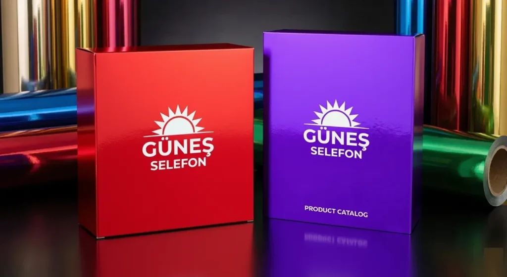 Renkli metalize film kaplanmış Güneş Selefon logolu kırmızı ve mor karton kutular