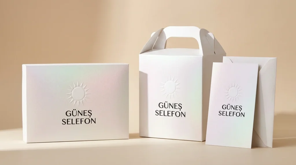 Sedef selefon kaplanmış Güneş Selefon logolu baklava kutusu, pasta kutusu ve davetiye